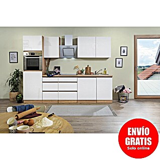 Respekta Premium Composición de cocina Lorena (Ancho: 280 cm, Blanco, Brillo intenso, Decoración encimera: Efecto madera, Con electrodomésticos)