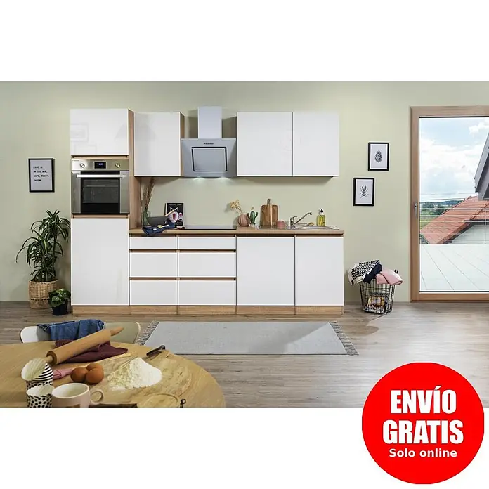 Respekta Premium Composición de cocina Lorena - Ancho: 280 cm, Blanco, Brillo intenso, Decoración encimera: Efecto madera, Con electrodomésticos - Cocina moderna con armarios blancos brillantes, detalles de madera clara, horno y fregadero, en una sala luminosa.
