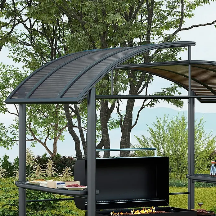 Outsunny Grillpavillon - Farbe Gestell: Schwarz, Metall - Schwarzer Grill mit gewölbtem, dunklem Dach, zum Grillen von Speisen im Freien.