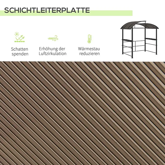 Outsunny Grillpavillon - Farbe Gestell: Schwarz, Metall - Braunes Lamellendach für einen Grillunterstand, spendet Schatten, erhöht die Luftzirkulation und reduziert Wärmestau.