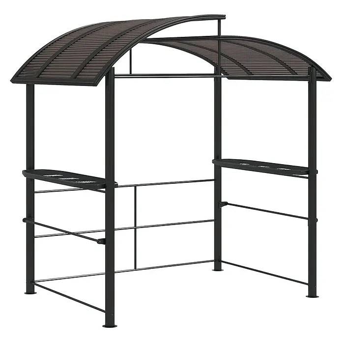Outsunny Grillpavillon - Farbe Gestell: Schwarz, Metall - Ein dunkler Metall-Grillpavillon mit braunem, gewölbtem Lamellendach und Seitenablagen.