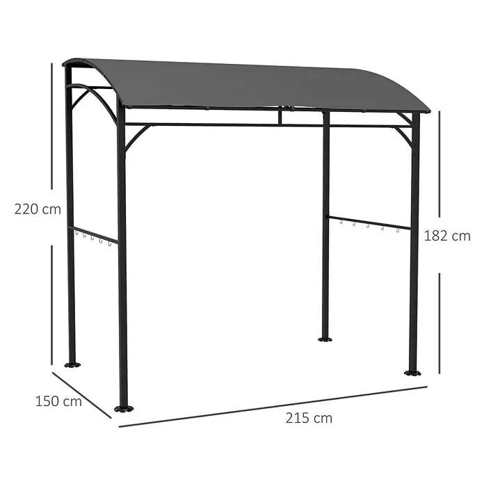 Outsunny Grillpavillon - Farbe Gestell: Schwarz, Metall - Schwarzer Metall-Carport mit dunkelgrauem Runddach, Maße angezeigt.