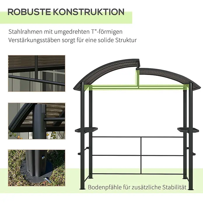 Outsunny Grillpavillon - Farbe Gestell: Schwarz, Metall - Dunkles Stahl-Grillpavillon mit robustem Rahmen, T-förmigen Verstrebungen und Bodenpfählen für Stabilität.