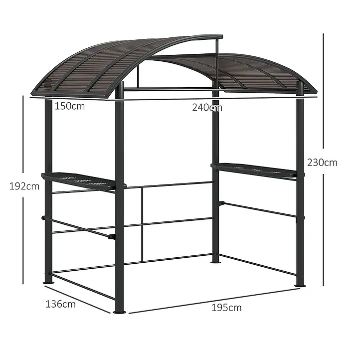 Outsunny Grillpavillon - Farbe Gestell: Schwarz, Metall - Dunkelgraues Metall-Pavillon mit gebogenem braunem Lamellendach und Seitenablagen. Perfekt für Grillen im Freien oder als Terrassenüberdachung.