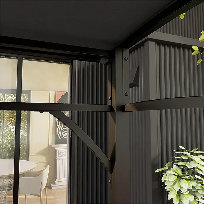 Outsunny Grillpavillon - Farbe Gestell: Schwarz, Metall - Dunkelgraue modulare Struktur mit Wellblechpaneelen und Glastür, die zu einem hellen Innenraum führt.