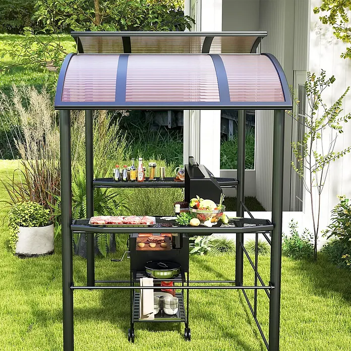 Outsunny Grillpavillon - Farbe Gestell: Schwarz, Metall - Schwarzes Metall-Grill-Pavillon mit transluzentem, gebogenem Dach und integrierten Ablagen für Grillzubehör.