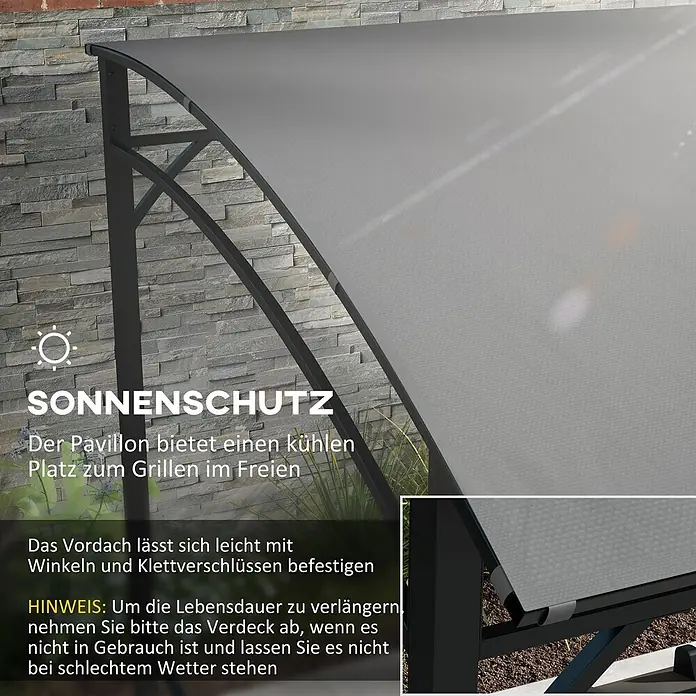 Outsunny Grillpavillon - Farbe Gestell: Schwarz, Metall - Dunkelgrauer Pavillon mit hellgrauem Sonnenschutzdach, das Schatten spendet.