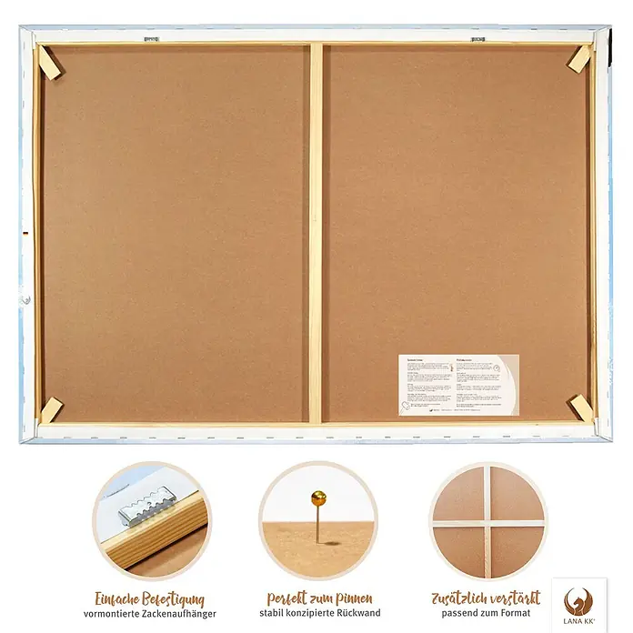LanaKK Leinwandbild - Weltkarte, B x H: 80 x 60 cm - Rückseite eines Leinwandbildes mit Holzrahmen und brauner Rückwand. Mit vormontiertem Aufhänger, stabiler Rückwand für Pinnnadeln und verstärktem Rahmen.