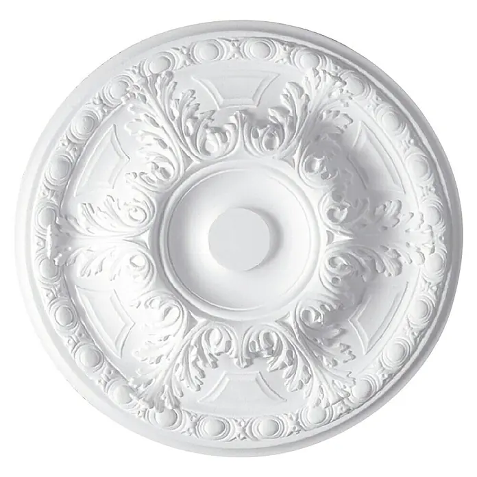 Rosette Prisca - 50 cm, Expandiertes Polystyrol (EPS), Weiß - Detailaufnahme einer weißen, runden Deckenrosette mit aufwendigen Verzierungen, die eine elegante und dekorative Note verleiht.