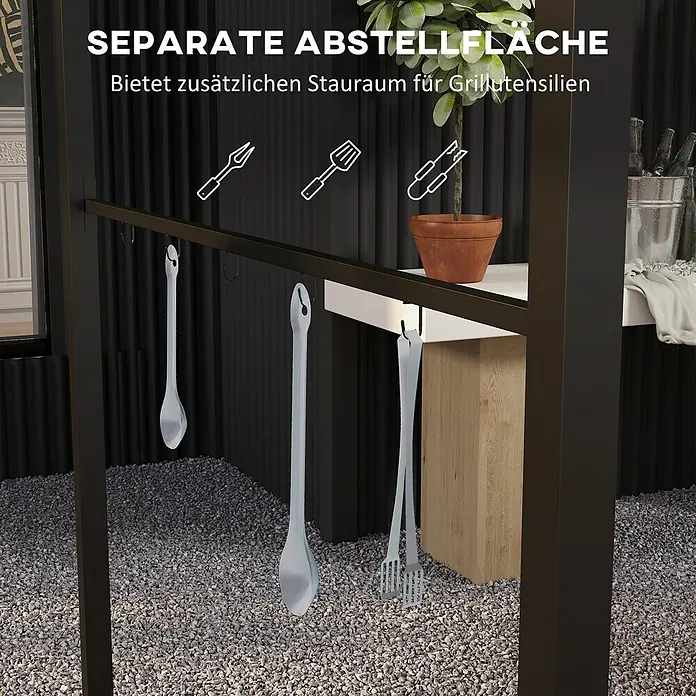 Outsunny Grillpavillon - Farbe Gestell: Schwarz, Metall - Schwarze Metallstange mit Haken für Grillutensilien. Bietet separaten Stauraum für Kochwerkzeuge im Freien.