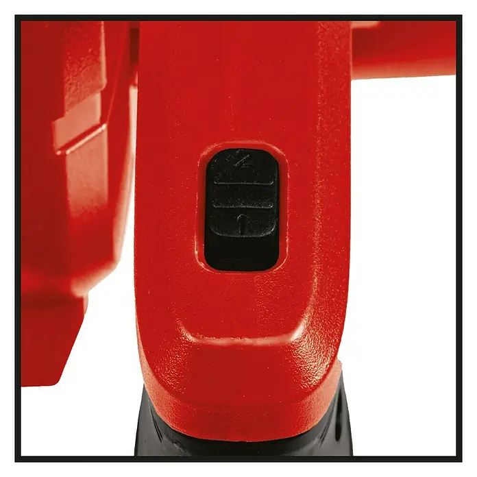 Einhell Power X-Change 18V Akku-Gebläse TE-CB 18/180 Li-Solo - 18 V, Ohne Akku, Blasgeschwindigkeit: 130 km/h - Detailansicht des Schalters eines roten Elektrowerkzeugs. Der Schalter ist schwarz und hat zwei Positionen.