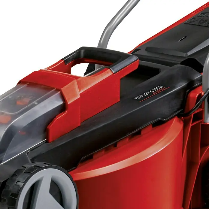 Einhell Power X-Change 18V Akku-Rasenmäher GE-CM 18/30 Li-Solo - 18 V, Li-Ionen, Ohne Akku, Schnittbreite: 30 cm - Nahaufnahme eines roten Rasenmähers mit schwarzen Akzenten, der "Brushless Energy" auf der Seite trägt.