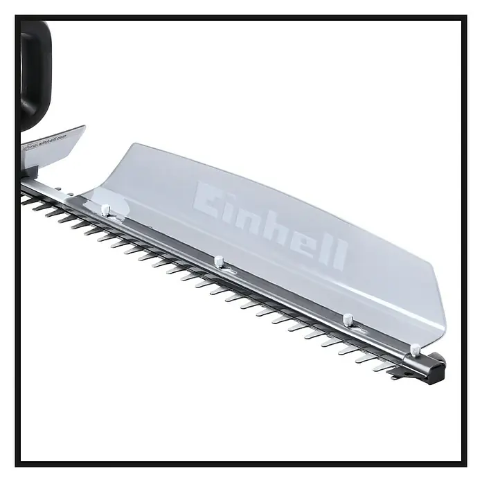 Einhell Power X-Change 18V Akku-Heckenschere GC-CH 1855/1 Li-Solo - 18 V, Ohne Akku, Schnittlänge: 55 cm - Bild einer Einhell Heckenschere mit silberner Klinge und transparentem Schutzschild, ideal für den präzisen und sicheren Gartenschnitt.