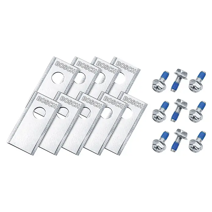 Bosch Ersatzmesser-Set für Mähroboter - Passend für: Bosch Power for All 18V Mähroboter VISIMOW 18V-100 und 200 - Zehn silberne Bosch Hobelmesser mit runder Aussparung und neun silberne Schrauben mit blau beschichtetem Gewinde.