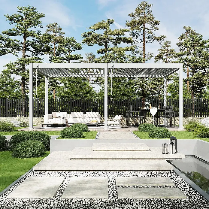 Weide Pergola Classic 3 x 6 M Weiß - Farbe Gestell: Weiß, Metall - Moderne weiße Aluminium-Lamellenpergola beschattet einen Outdoor-Lounge- und Essbereich im Garten.