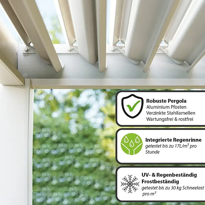 Weide Pergola Classic 3 x 5,3 M Weiß - B x T: 530 x 300 cm, Farbe Gestell: Weiß, Aluminium - Helle Pergola-Dachkonstruktion mit verstellbaren Lamellen. Aus Aluminium und verzinktem Stahl, integrierte Regenrinne, UV- und Frostbeständigkeit.