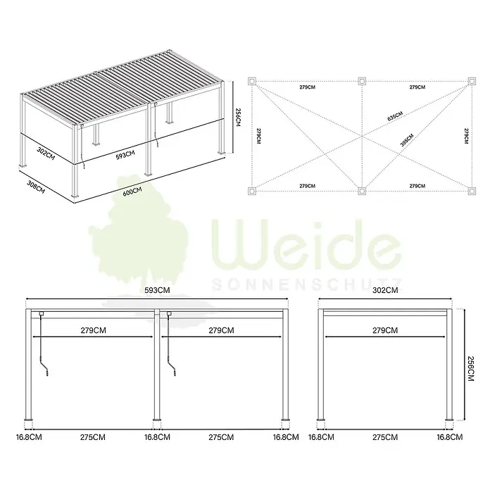 Weide Pergola Classic 3 x 6 M Weiß - Farbe Gestell: Weiß, Metall - Technische Zeichnung einer Pergola mit allen Maßen, einschließlich Länge, Breite, Höhe und Pfostenabstand.