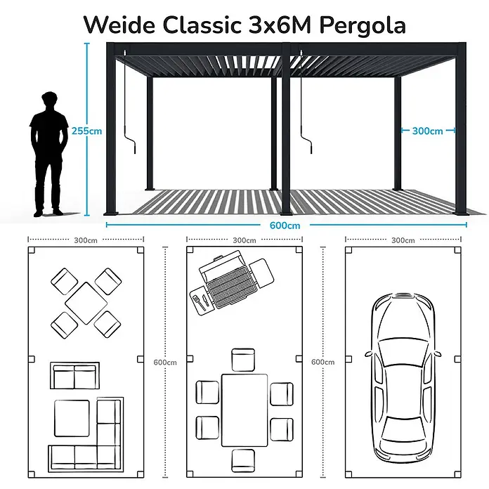 Weide Pergola Classic 3 x 6 M Weiß - Farbe Gestell: Weiß, Metall - Schwarze Weide Classic 3x6M Pergola mit verstellbarem Lamellendach, zeigt Maße und vielseitige Nutzung.