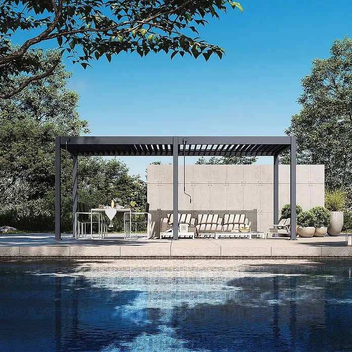 Weide Pergola Classic 3 x 6 M Anthrazit - Farbe Gestell: Graphitgrau, Metall - Dunkelgraue Lamellenpergola über einem Ess- und Loungebereich am Pool.