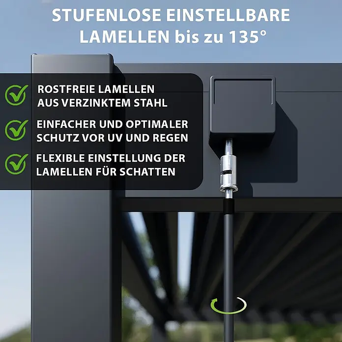 Weide Pergola Classic 3 x 3,6 M Anthrazit - B x T: 360 x 300 cm, Farbe Gestell: Anthrazit, Aluminium - Dunkelgraue Pergola mit rostfreien, verzinkten Stahllamellen, stufenlos bis 135 Grad verstellbar für UV-, Regen- und Sonnenschutz per Handkurbel.