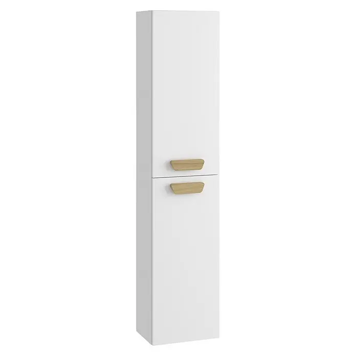 Armario mediano de baño Danubio - An x Pr x Al: 35 x 25 x 110 cm, Blanco mate/Roble garriga - Mueble alto blanco con dos tiradores de madera clara.
