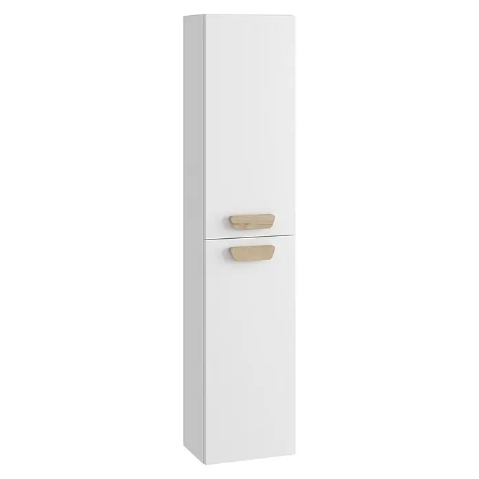 Armario mediano de baño Danubio - An x Pr x Al: 35 x 25 x 110 cm, Blanco mate/Roble bardolino - Armario alto blanco de almacenamiento con dos puertas y tiradores de madera clara.