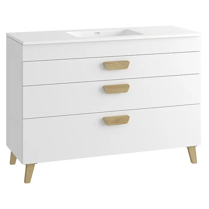 Mueble bajo de lavabo Danubio - L x An x Al: 45 x 120 x 72 cm, Blanco/Roble garriga - Mueble de baño blanco con lavabo integrado, tres cajones y tiradores y patas de madera clara.