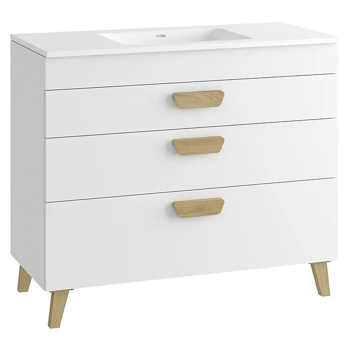 Mueble bajo de lavabo Danubio - L x An x Al: 45 x 100 x 72 cm, Blanco/Roble garriga - Mueble de baño blanco con lavabo integrado, tres cajones con tiradores y patas de madera clara.