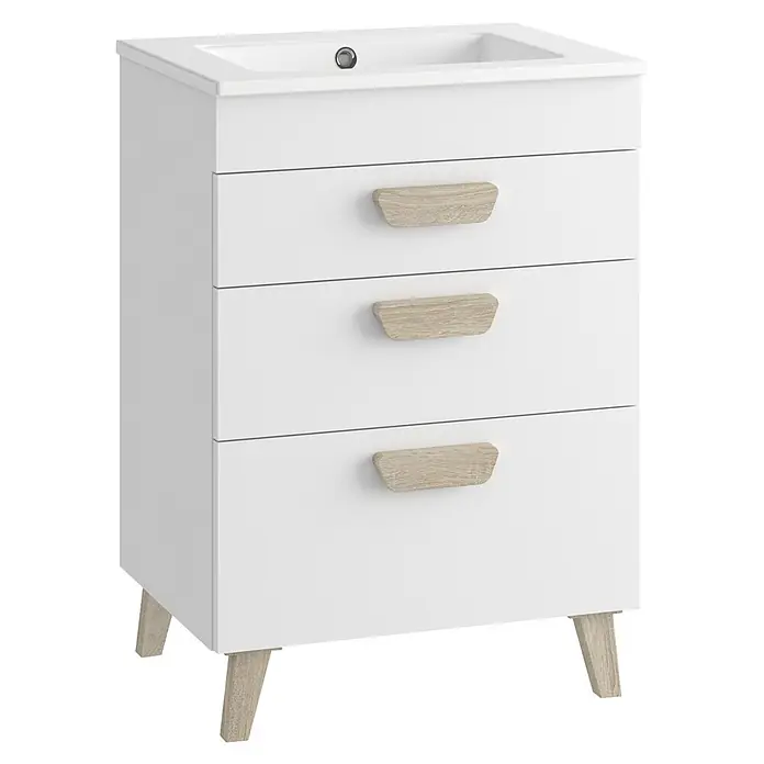 Mueble bajo de lavabo Danubio - L x An x Al: 45 x 60 x 72 cm, Blanco/Roble bardolino - Mueble de baño blanco con lavabo integrado, tres cajones con tiradores de madera clara y patas de madera clara.