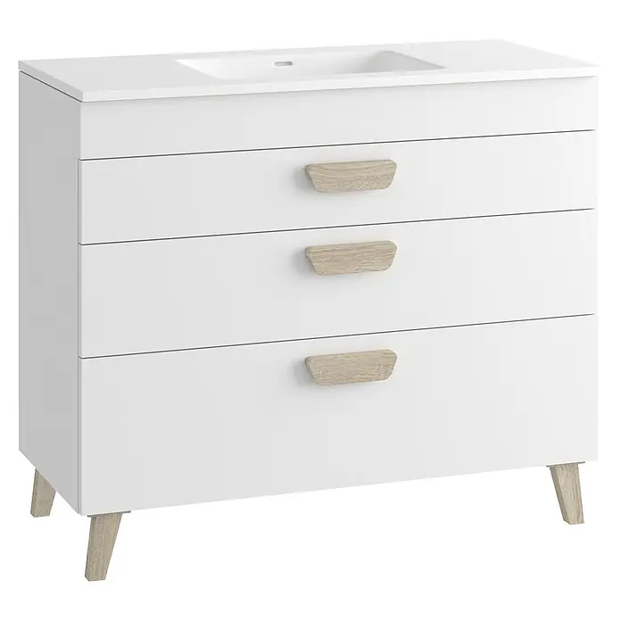 Mueble bajo de lavabo Danubio - L x An x Al: 45 x 100 x 72 cm, Blanco/Roble bardolino - Mueble de baño blanco con lavabo integrado, tres cajones, tiradores y patas cónicas con efecto de madera clara.