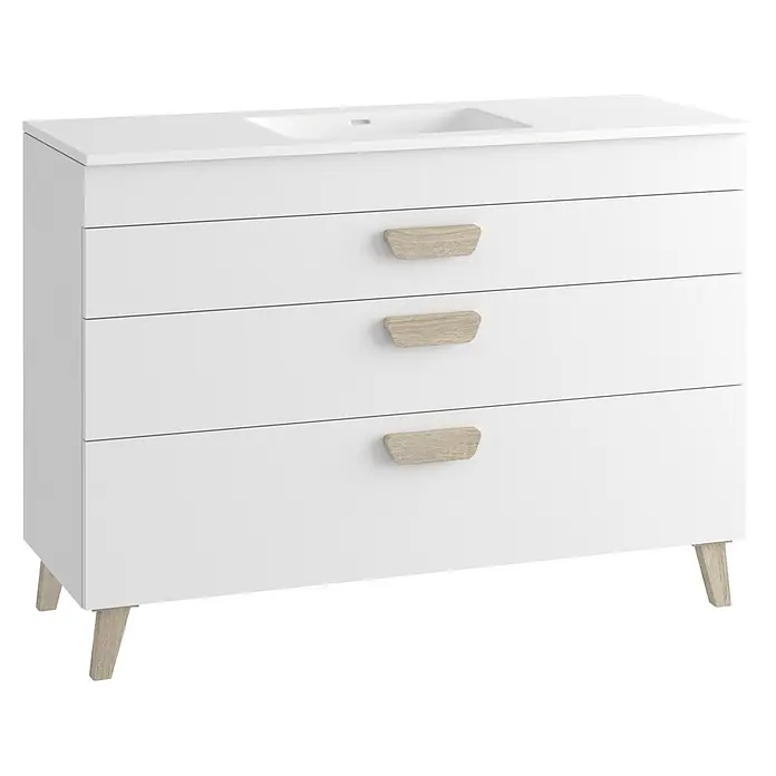 Mueble bajo de lavabo Danubio - L x An x Al: 45 x 120 x 72 cm, Blanco/Roble bardolino - Mueble de baño blanco con lavabo integrado, tres cajones con tiradores de madera clara y patas a juego.