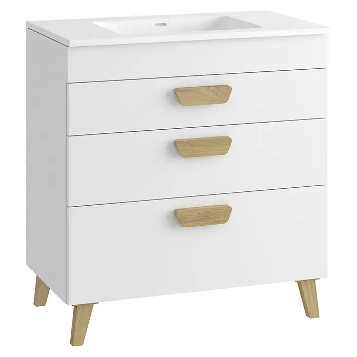 Mueble bajo de lavabo Danubio - L x An x Al: 45 x 80 x 72 cm, Blanco/Roble garriga - Mueble de baño blanco con lavabo integrado, 3 cajones y tiradores y patas de madera clara.