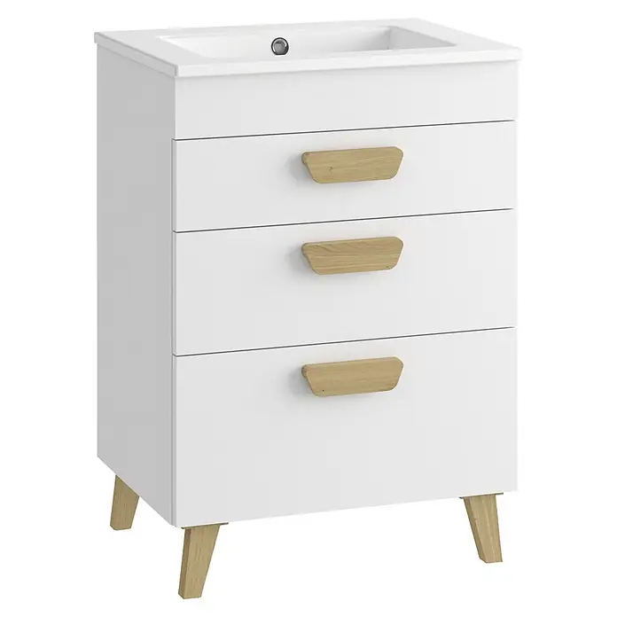 Mueble bajo de lavabo Danubio - L x An x Al: 45 x 60 x 72 cm, Blanco/Roble garriga - Mueble de baño blanco con lavabo integrado, tres cajones y tiradores y patas de madera.
