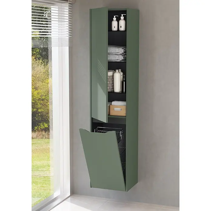VitrA Hochschrank Integra Square - B x T x H: 40 x 37 x 180 cm, Moosgrün, Inklusive 3 Glasböden und Wäscheklappe, DIN Anschlag: Links - Grüner Hochschrank mit offenen Türen, Regalen für Pflegeprodukte und Handtücher, und einem Kipp-Wäschesammler.