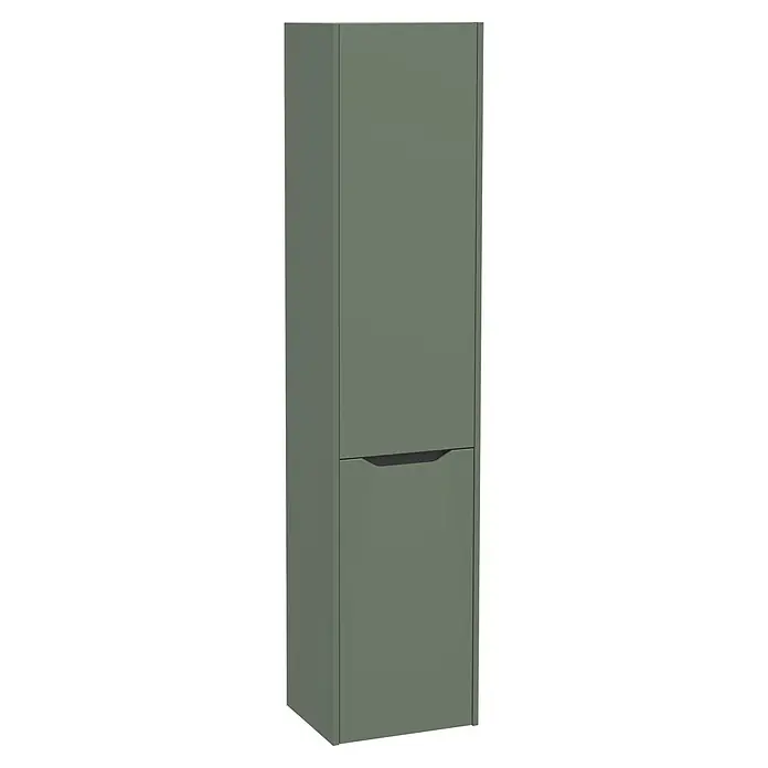 VitrA Hochschrank Integra Square - B x T x H: 40 x 37 x 180 cm, Moosgrün, Inklusive 3 Glasböden und Wäscheklappe, DIN Anschlag: Links - Hoher, grüngrauer Lagerschrank mit zwei Türen und integriertem dunklen Griff am unteren Teil.