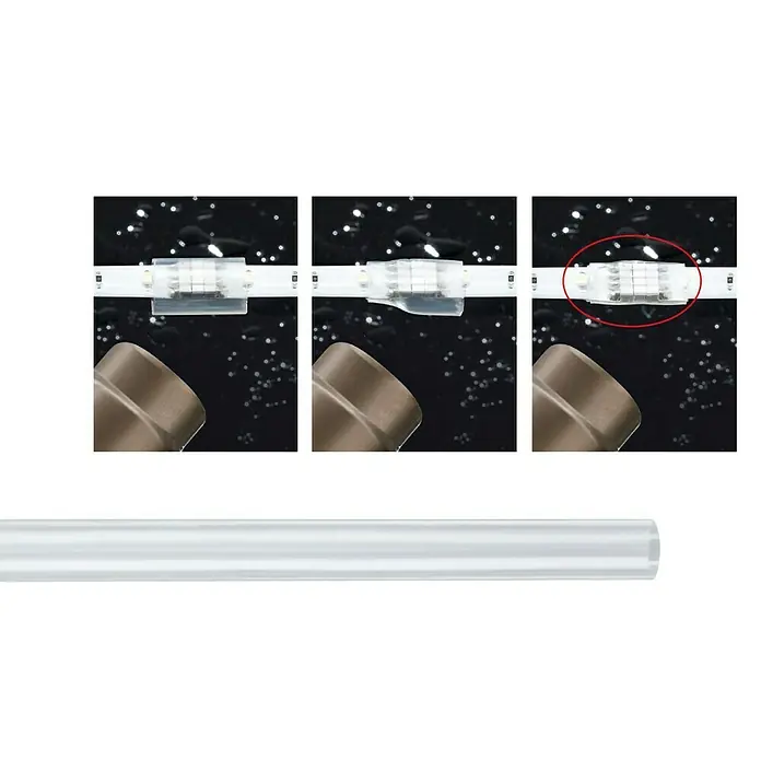 Paulmann Schrumpfschlauch YourLED Water-Protection - Länge: 15 cm, Transparent - LED-Streifen-Verbinder mit einem Kunststoffrohr darunter, das die Installation und den Schutz der Leuchten demonstriert.
