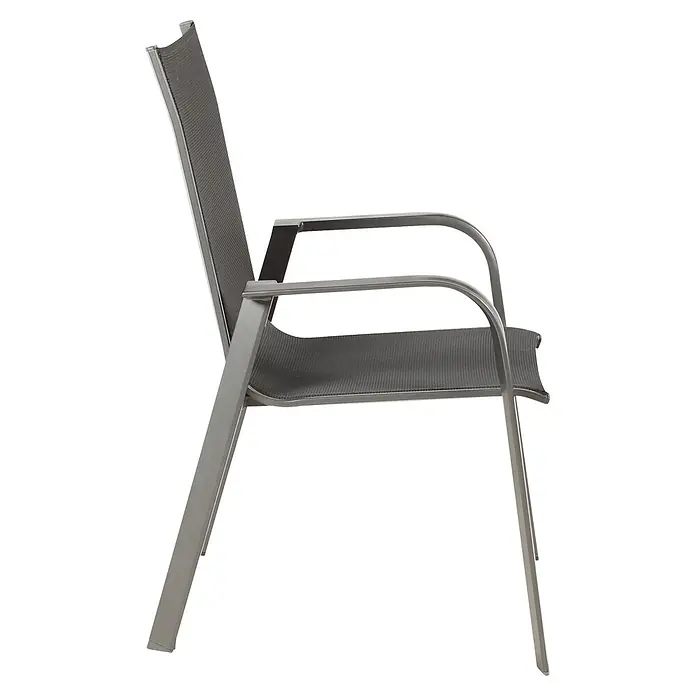 Acamp Stapelsessel Urban/Chicago - 6 Stk., Aluminium, Anthrazit - Dunkelgrauer Stuhl mit Textilbespannung, silbernem Metallrahmen und Armlehnen.