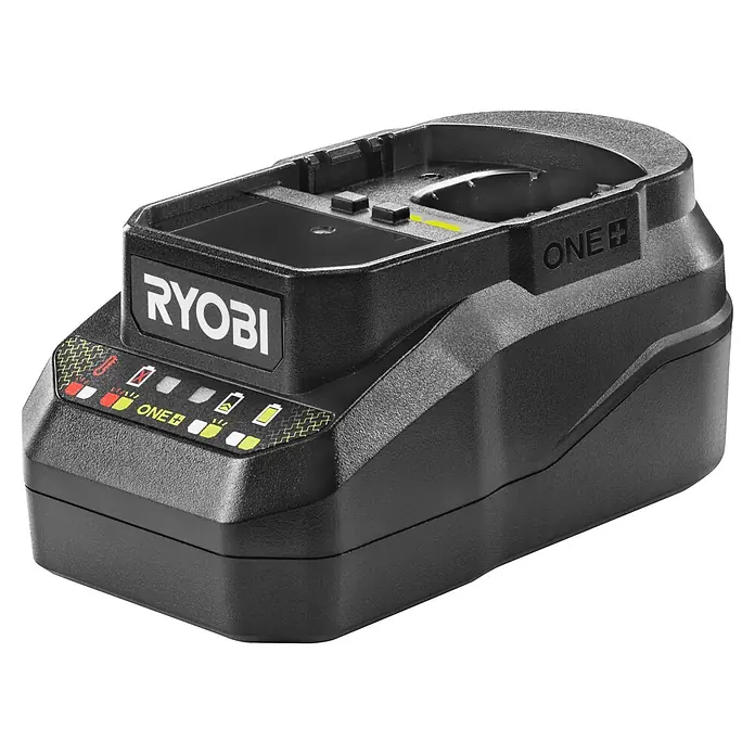 Ryobi ONE+ Akku & Ladegerät 30 Jahre Starter-Set RC18120B-140X - 18 V, 4 Ah - Schwarzes Ryobi ONE+ Akku-Ladegerät für Elektrowerkzeuge mit Statusanzeigeleuchten.