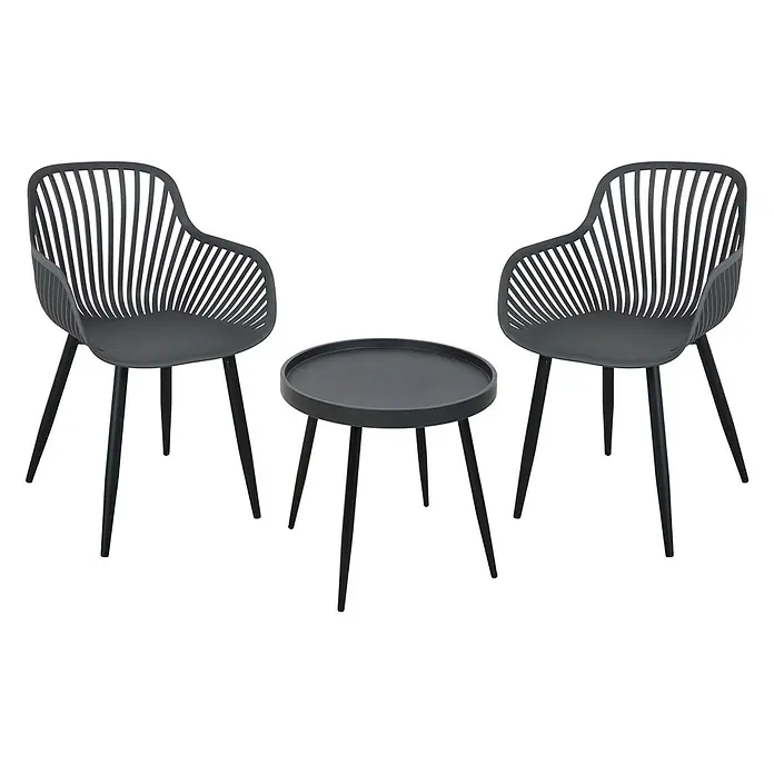 SVITA Gartenstuhl-Set - Grau - Dunkelgraues Outdoor-Bistro-Set mit zwei Stühlen mit Lattenrückenlehnen und einem runden Tisch.