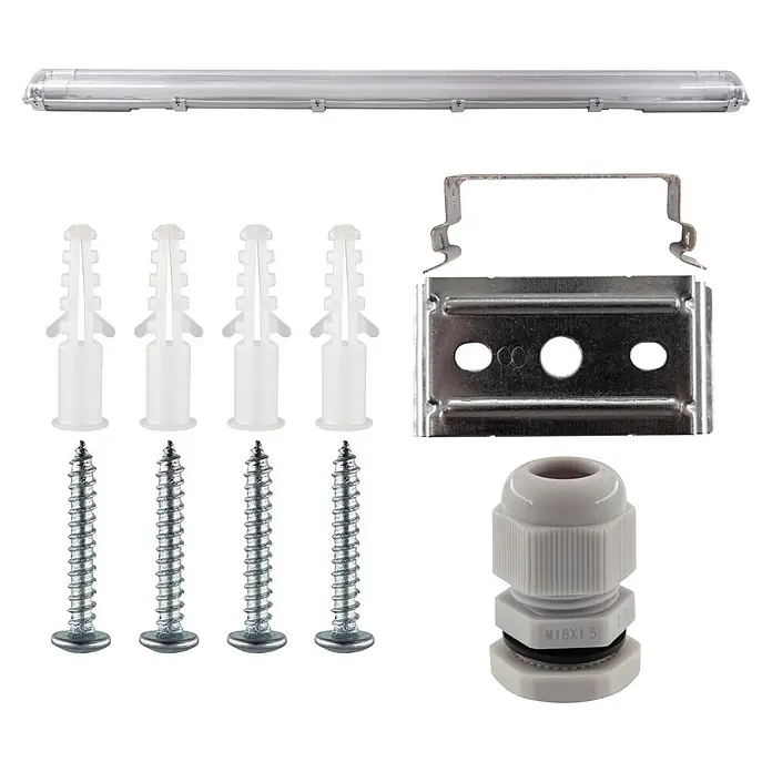 LED's work LED-Feuchtraumlichtleiste - Lichtfarbe: Neutralweiß, 36 W, IP65, Anzahl Leuchtmittel: 2 Stk., Länge: 120 cm - Wasserdichte LED-Röhrenleuchte mit klarer Abdeckung, inklusive vier weißer Dübel, vier silberner Schrauben, zwei Metallhalterungen und einer grauen Kabelverschraubung.