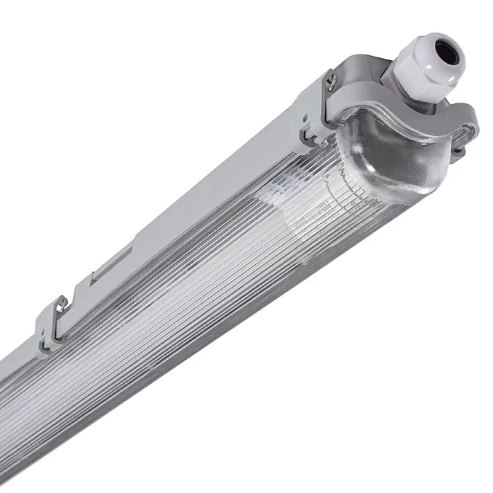 LED's work LED-Feuchtraumlichtleiste - Lichtfarbe: Neutralweiß, 18 W, IP65, Anzahl Leuchtmittel: 1 Stk., Länge: 120 cm - Graue wasserdichte LED-Wannenleuchte mit klarer gerippter Abdeckung und weißer Kabelverschraubung.