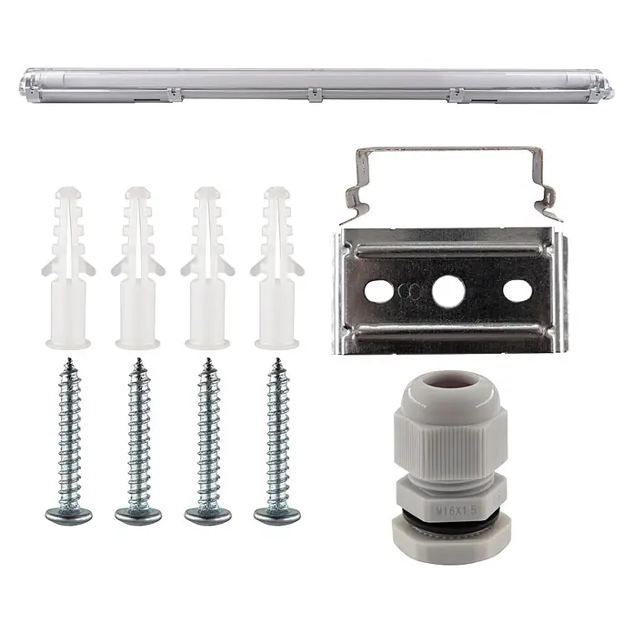 LED's work LED-Feuchtraumlichtleiste - Lichtfarbe: Neutralweiß, 18 W, IP65, Anzahl Leuchtmittel: 1 Stk., Länge: 120 cm - Wasserdichte LED-Leuchtstoffröhre mit Metallhalterungen, Kunststoffdübeln, Schrauben und einer grauen Kabelverschraubung zur Installation.