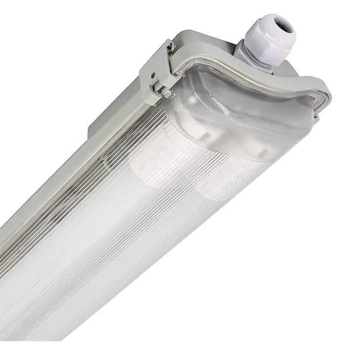 LED's work LED-Feuchtraumlichtleiste - Lichtfarbe: Neutralweiß, 36 W, IP65, Anzahl Leuchtmittel: 2 Stk., Länge: 120 cm - Graue, industrielle LED-Feuchtraumleuchte mit gerippter, lichtdurchlässiger Abdeckung und Kabelverschraubung.