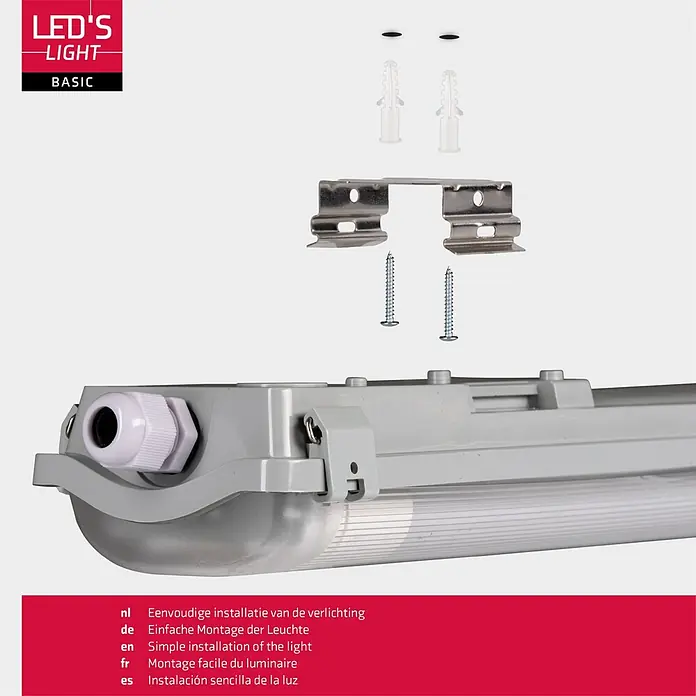 LED's work LED-Feuchtraumlichtleiste - Lichtfarbe: Neutralweiß, 36 W, IP65, Anzahl Leuchtmittel: 2 Stk., Länge: 120 cm - Lichtgraue LED-Leuchte mit Montagezubehör: Schrauben, Dübel und Metallklammern.