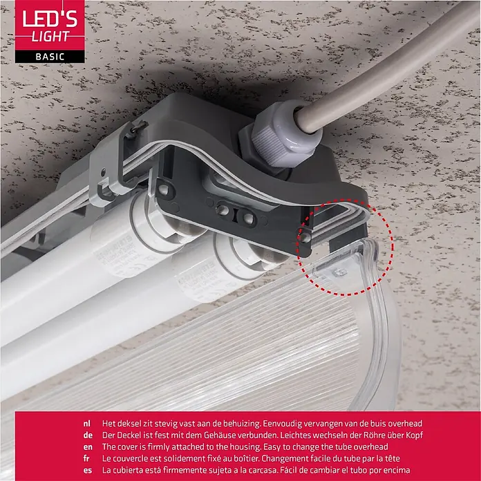 LED's work LED-Feuchtraumlichtleiste - Lichtfarbe: Neutralweiß, 36 W, IP65, Anzahl Leuchtmittel: 2 Stk., Länge: 120 cm - Graue LED-Leuchtstoffröhrenleuchte mit klarer Abdeckung, an der Decke montiert. Die Abdeckung ist fest für einfachen Röhrenwechsel.