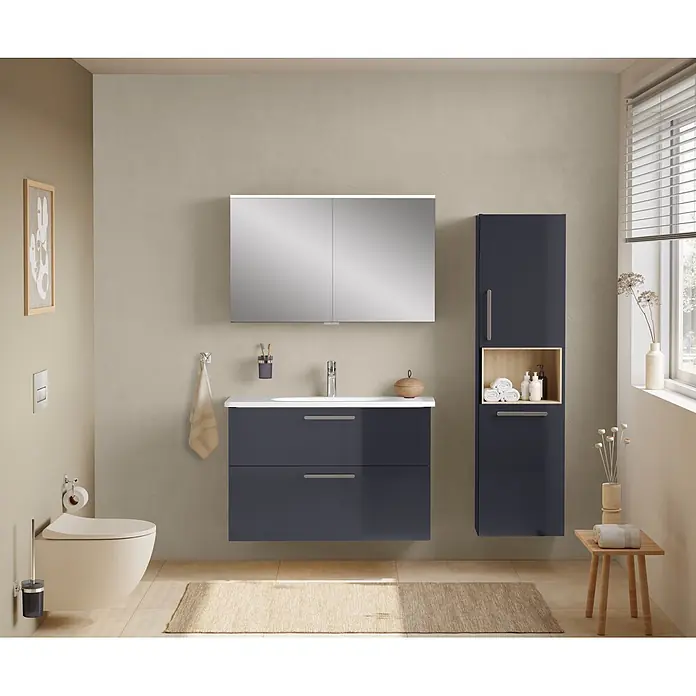 VitrA Badmöbel-Set Root Flat - B x T x H: 80 x 45 x 65 cm, Anthrazit, Hochglänzend - Modernes Bad mit anthrazitfarbenem Waschtisch und Hochschrank, wandhängend. Weiße Keramik und integrierte Beleuchtung.