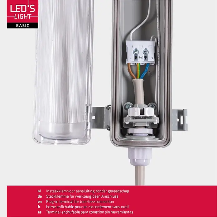 LED's work LED-Feuchtraumlichtleiste - Lichtfarbe: Neutralweiß, 18 W, IP65, Anzahl Leuchtmittel: 1 Stk., Länge: 120 cm - Geöffnete LED-Leuchte: graues Gehäuse, transparenter, gerippter Deckel, weiße Steckklemme für werkzeuglosen Anschluss.