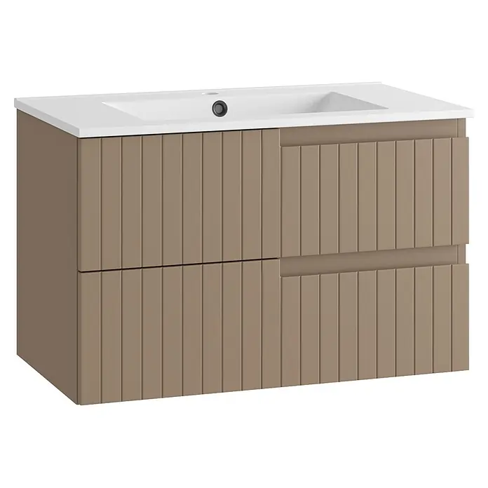 Mueble bajo de lavabo Claire - L x An x Al: 45 x 80 x 50 cm, Moka, 1 seno, salida central, Número de cajones: 2 ud. - Mueble de baño beige acanalado con dos cajones y lavabo blanco integrado.