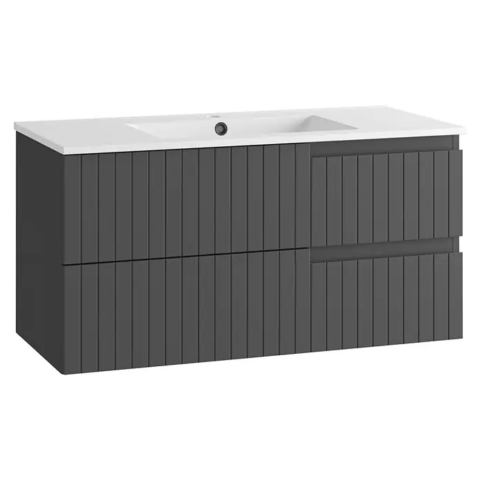 Mueble bajo de lavabo Claire - L x An x Al: 45 x 100 x 50 cm, Antracita, 1 seno, salida central, Número de cajones: 2 ud. - Mueble de baño gris oscuro con frentes acanalados y lavabo blanco integrado, con dos cajones.