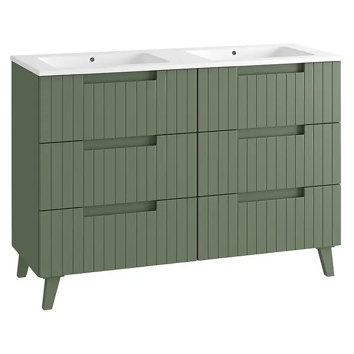 Mueble bajo de lavabo Claire - An x Pr x Al: 120 x 45 x 50 cm, Verde Olivo, 2 senos, sobreponer - Tocador doble verde salvia con lavabos integrados, seis cajones estriados y patas anguladas.